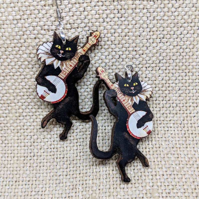 Banjo Cat Earrings / Musical Cat Jewelry / Laser Cut Wood Handmade Jewelry / Animal Earrings / Weird Earrings / Black Cat Gift image 2