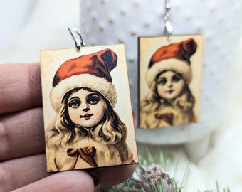 Christmas Girl Earrings / Winter Jewelry / Laser Cut Wood Handmade Jewelry / Vintage Image Earrings / Weird Earrings / Vintage Christmas