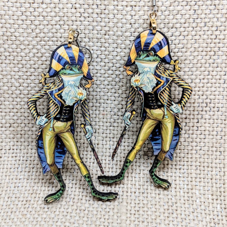 Fancy Frog Earrings Royal Earrings Regal Frog Anthropomorphic Frog Hypoallergenic Frog Jewelry Weird Jewelry Dapper Frog