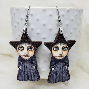 Creepy Doll Earrings / Weird Earrings / Creepy Witch Earrings/ Paper Doll Image / Creepy Earrings