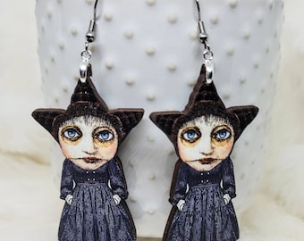 Creepy Doll Earrings / Weird Earrings / Creepy Witch Earrings/ Paper Doll Image / Creepy Earrings