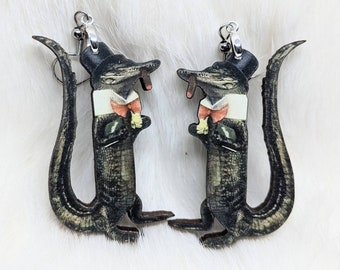 Gator Earrings / Dapper Alligator Earrings / Creepy Earrings / Vintage Postcard Image / Weird Earrings / Anthropomorphic Earrings