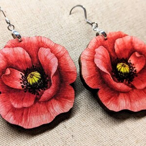 Poppy Earrings / Laser Cut Wood Earrings / Stainless Steel / Hypoallergenic / Flower Jewelry / Summer Earrings / Flower Earrings image 2