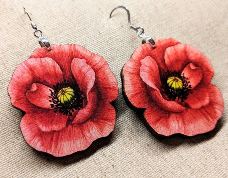 Poppy Earrings / Laser Cut Wood Earrings / Stainless Steel / Hypoallergenic / Flower Jewelry / Summer Earrings / Flower Earrings image 2