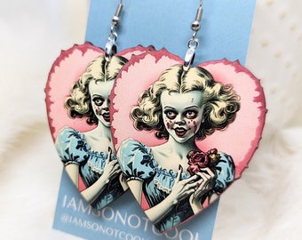 Zombie Valentine Earrings / Galentine's Day Gift / Creepy Earrings/ Creepy Valentine Jewelry / Creepy Girl Valentine Gift / Weird Earrings