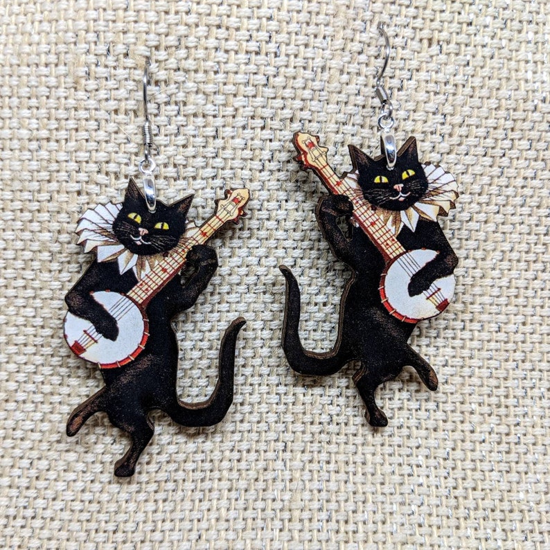 Banjo Cat Earrings / Musical Cat Jewelry / Laser Cut Wood Handmade Jewelry / Animal Earrings / Weird Earrings / Black Cat Gift image 3