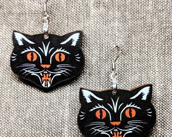 Black Cat Earrings / Laser Cut Wood Earrings / Lucky Earrings / Animal Earrings / Occult Earrings / Halloween Earrings