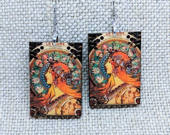 Art Nouveau Earrings / Art Nouveau Jewelry / Vintage Mucha Print Earrings / Mucha Zodiac Earrings / Vintage Dangle Drop Earring