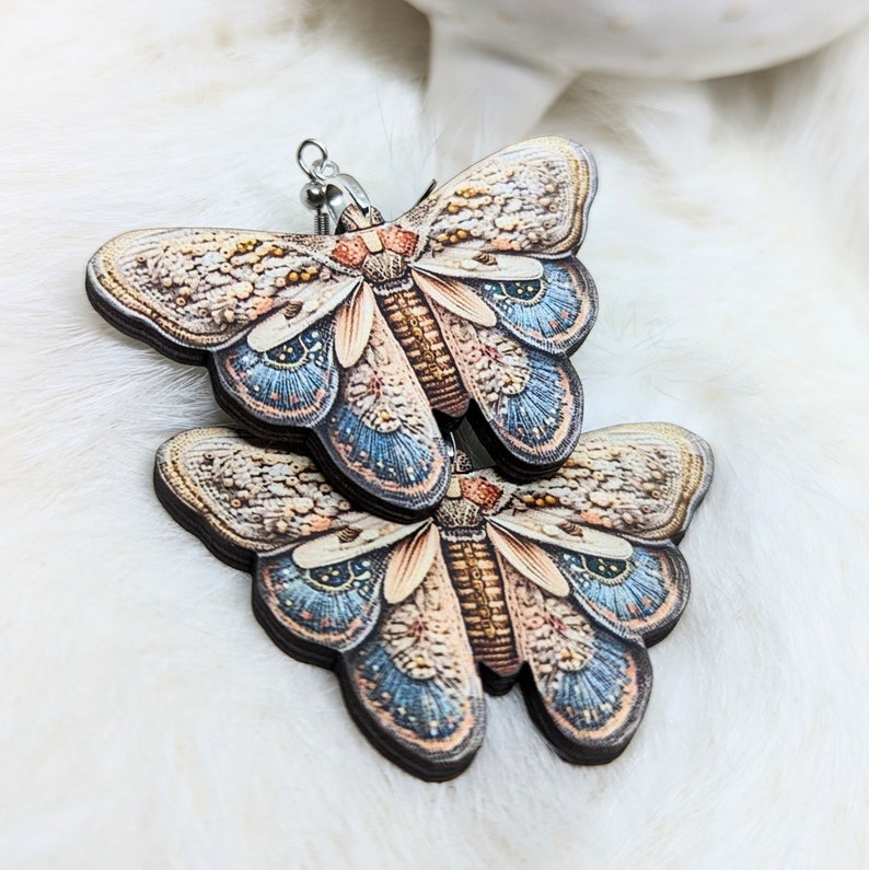 Spring Moth Earrings / Stitched Moth Image / Stainless Steel / Hypoallergenic / Insect Earrings / Bug Earrings / Embroidered Style image 3