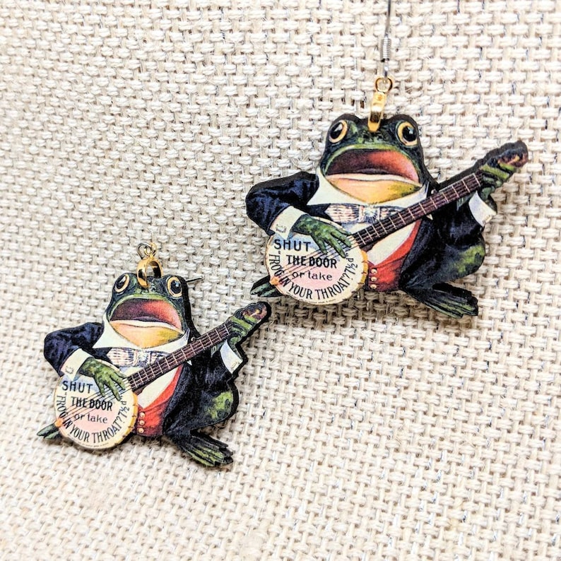 Musical Frog Earrings / Banjo Earrings / Banjo Frog / Anthropomorphic Frog / Hypoallergenic / Frog Jewelry / Musical Jewelry / Musical Frog image 5