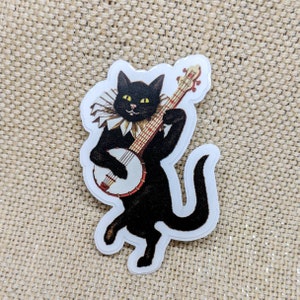 Banjo Cat Sticker / Black Cat / Vinyl Sticker / Vintage Image / Phone Sticker / Laptop Sticker / Funny Sticker / Music Sticker