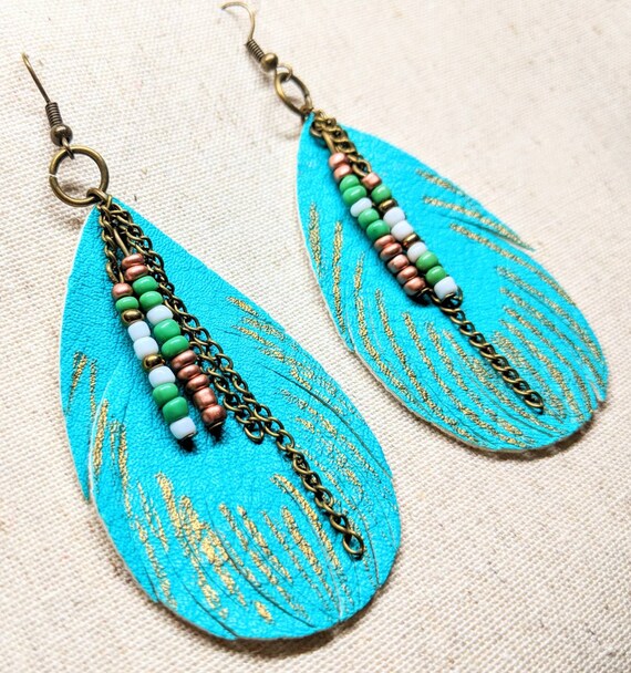 Turquoise Gold Earrings / Faux Leather Earrings / Vegan | Etsy