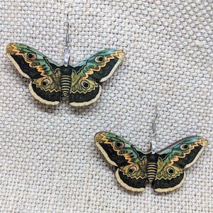 Moth Earrings / Laser Cut Wood Earrings / Green Moth Earrings / Stainless Steel / Hypoallergenic / Insect Earrings / Bug Earrings