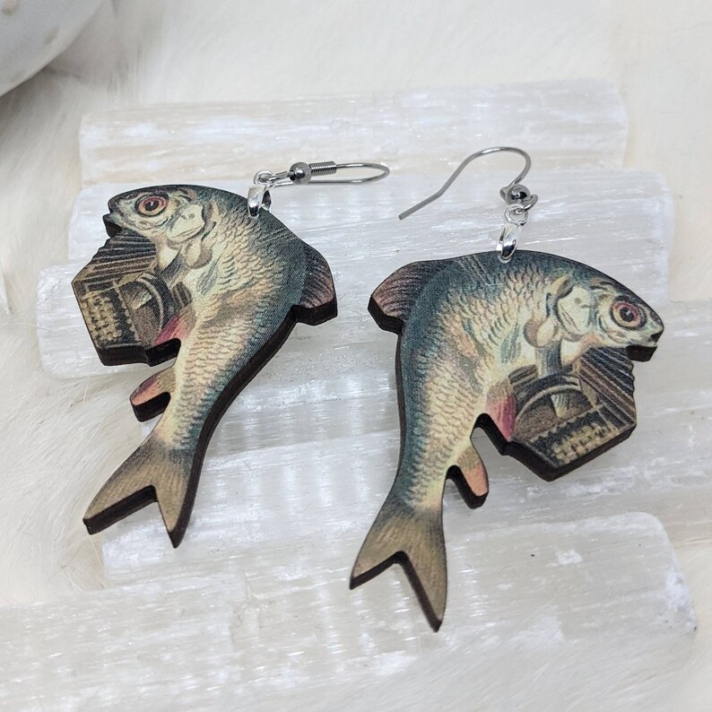 Accordion Fish Earrings / Vintage Image Earrings / Fish Gift / Etsy