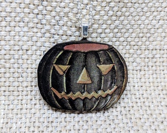 Collier de citrouille noire / Bijoux de citrouille / collier de décoration d’Halloween vintage / bois découpé au laser / Collier de lanternes Jack O / Bijoux bizarres