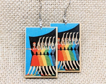 Pride Earrings / Rainbow Ladies / Vintage Russian Matchbook Cover / Wood Earrings / Vintage Art Earrings / Pop Art / LGBT Pride