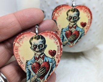 Zombie Valentine Earrings / Galentine's Day Gift / Creepy Earrings/ Creepy Valentine Jewelry / Creepy Boy Valentine Gift / Weird Earrings