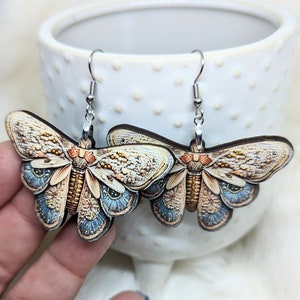 Spring Moth Earrings / Stitched Moth Image / Stainless Steel / Hypoallergenic / Insect Earrings / Bug Earrings / Embroidered Style image 4