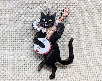 Banjo Cat Necklace / Musical Cat Jewelry / Laser Cut Wood Jewelry / Weird Jewelry / Black Cat Gift