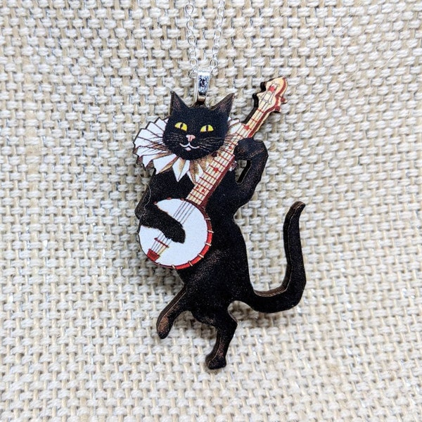 Collier Banjo Cat / Bijoux Chat Musical / Bijoux en Bois Découpé au Laser / Bijoux Étranges / Cadeau Chat Noir