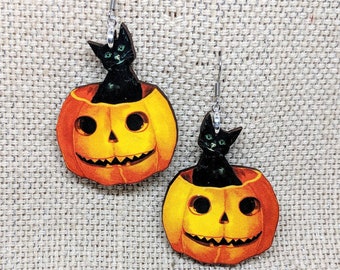 Pumpkin Earrings / Pumpkin Cat Earrings / Hypoallergenic / Vintage Pumpkin / Halloween Earrings / Halloween Jewelry / Jack O Lantern