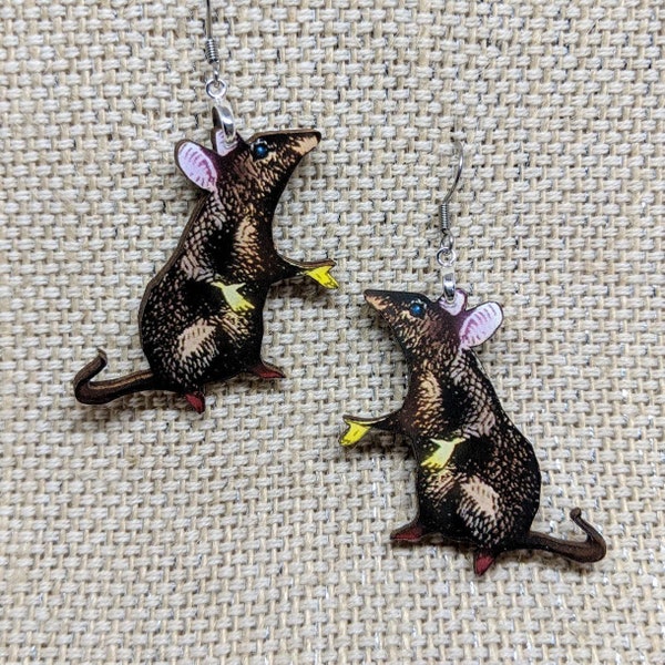 Rat Earrings / Pet Rat Jewelry / Laser Cut Wood Handmade Jewelry / Animal Earrings / Weird Earrings / Rat Fan Gift