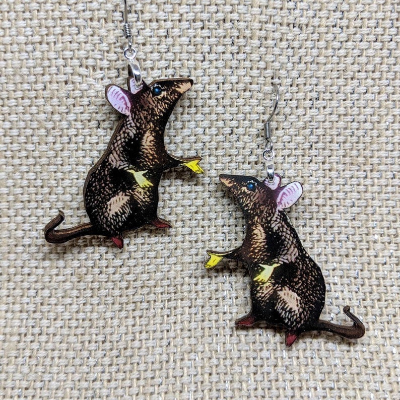 Rat Earrings / Pet Rat Jewelry / Laser Cut Wood Handmade Jewelry / Animal Earrings / Weird Earrings / Rat Fan Gift image 1