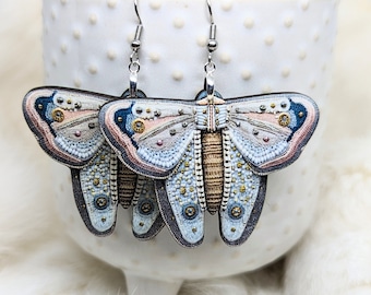 Spring Moth Earrings / Stitched Moth Image / Stainless Steel / Hypoallergenic / Insect Earrings / Bug Earrings