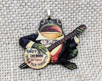 Musical Frog Pendant Necklace / Musical Frog Necklace / Banjo Frog Necklace / Banjo Necklace / Laser Cut Wood / Halloween Necklace