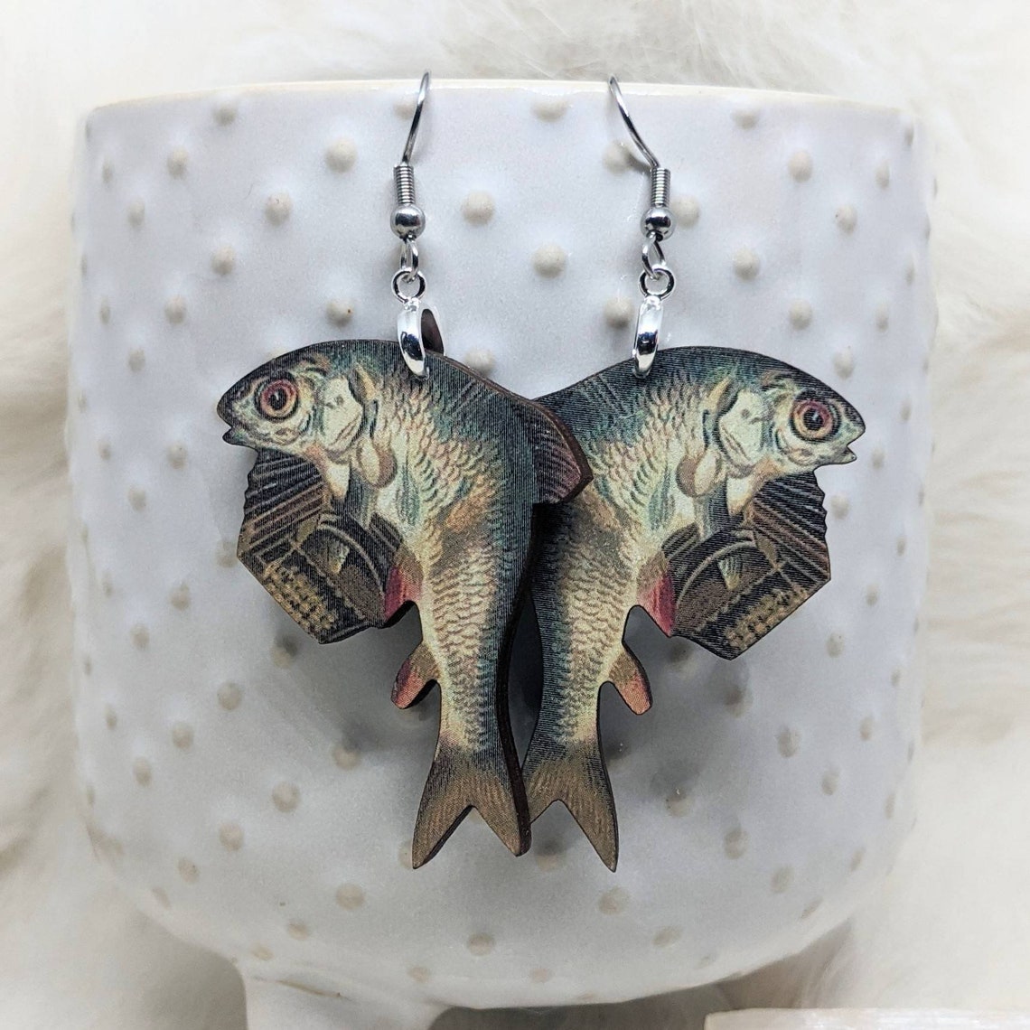 Accordion Fish Earrings / Vintage Image Earrings / Fish Gift / Etsy