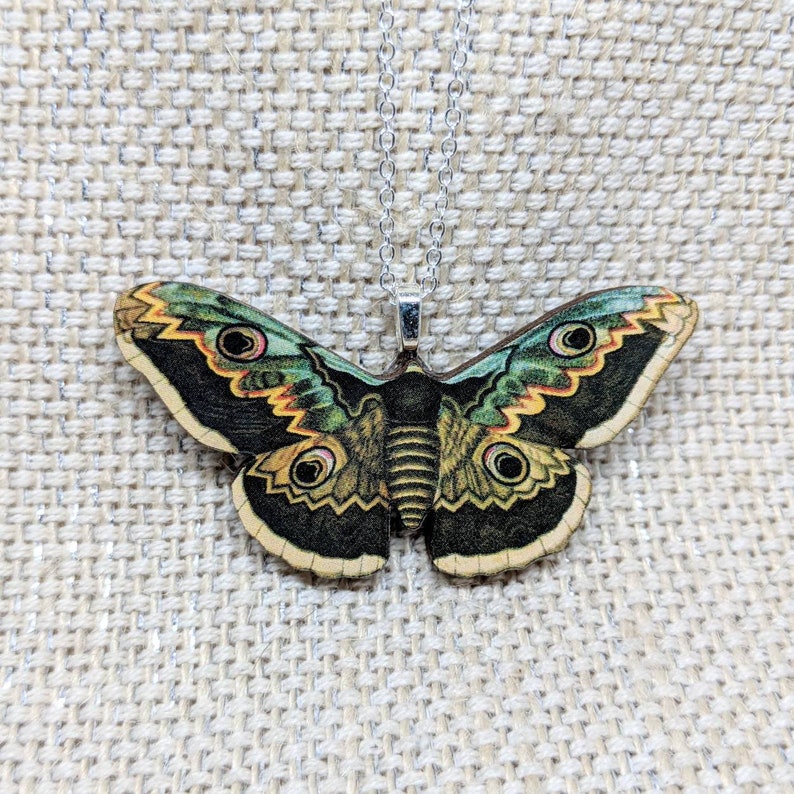 Green Moth Necklace / Moth Jewelry / Moth Pendant / Insect Jewelry / Laser Cut Wood / Insect Pendant / Moth Gift / Moth Accessory image 1