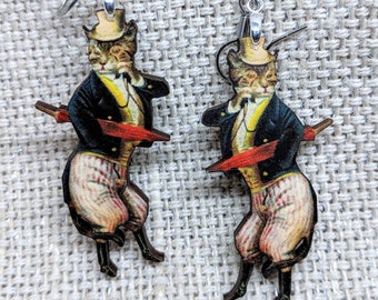 Dapper Cat Earrings / Halloween Earrings / Laser Cut Wood Earrings / Animal Earrings / Anthropomorphic Cat / Cat Gift