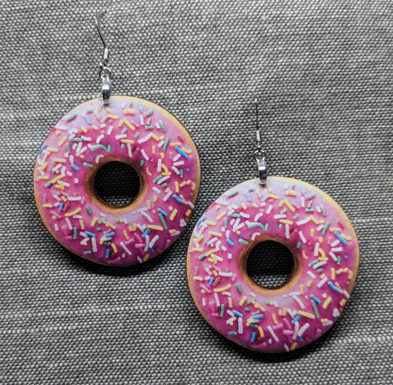 Donut Earrings / Sprinkled Pink Glazed Donut / Wood Earrings / Etsy