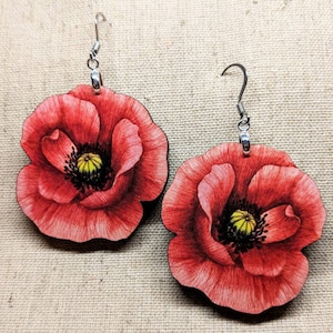Poppy Earrings / Laser Cut Wood Earrings / Stainless Steel / Hypoallergenic / Flower Jewelry / Summer Earrings / Flower Earrings image 1