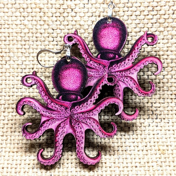 Pink Octopus Earrings / Laser Cut Wood Earrings / Nautical Earrings / Ocean Earrings / Aquarium Gift Shop Earrings / Cephalopod Earrings