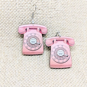 Telephone Earrings / Phone Earrings / Handmade Wood Earrings / Handmade Jewelry / Vintage Rotary Phone Earrings / Pink Earrings