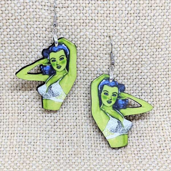 Green Pinup Earrings / Weird Earrings / Weird Jewelry / Pinup Jewelry / Green Woman