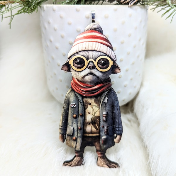 Hipster Dog Ornament / Animal Ornament / Christmas Gift Tag / Single Sided Design 2D Flat / Creepy Cute Ornament / Pug Ornament