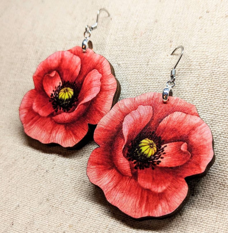 Poppy Earrings / Laser Cut Wood Earrings / Stainless Steel / Hypoallergenic / Flower Jewelry / Summer Earrings / Flower Earrings image 3