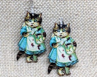 Cat Earrings / Guilty Cat Earrings / Vintage Cat / Cat Jewelry / Hypoallergenic / Creepy Earrings / Vintage Book Earrings