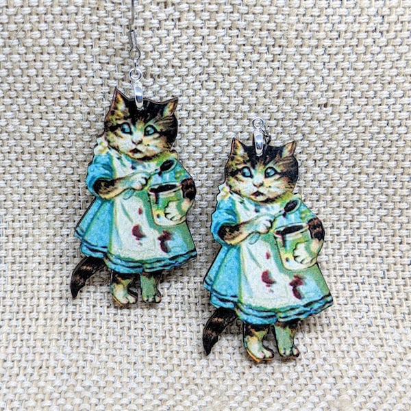 Cat Earrings / Guilty Cat Earrings / Vintage Cat / Cat Jewelry / Hypoallergenic / Creepy Earrings / Vintage Book Earrings