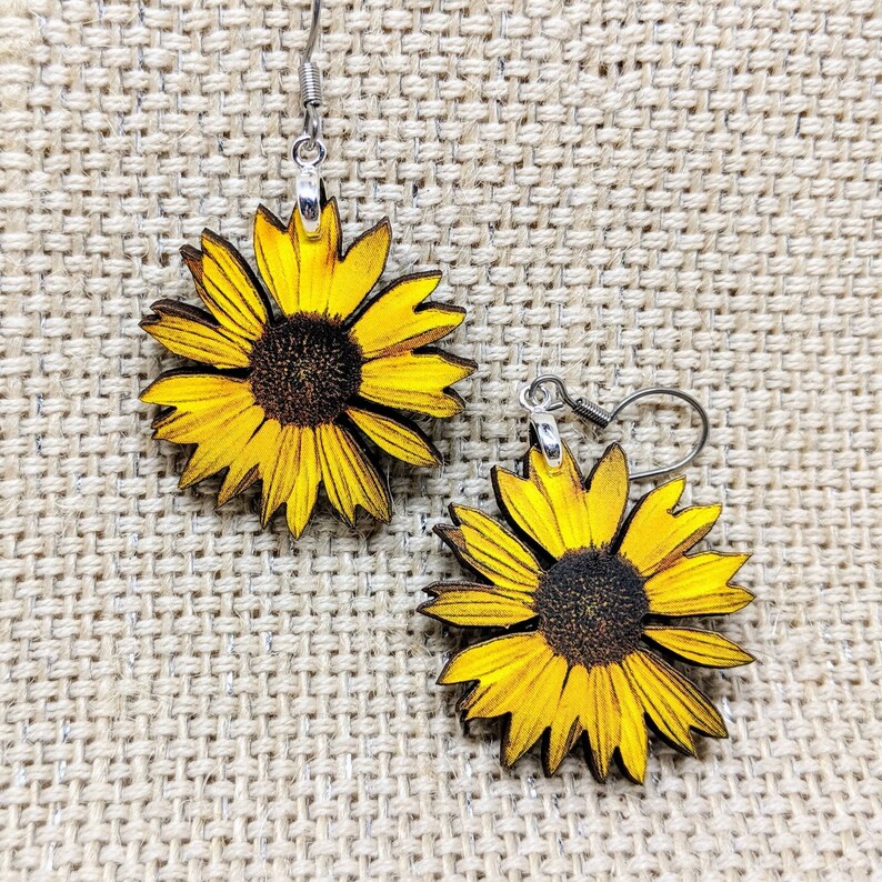 Sunflower Earrings / Handmade Ooak / Laser Cut Wood / Etsy