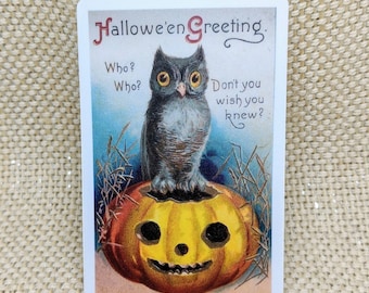 Owl Sticker / Halloween Sticker / Vinyl Sticker / Vintage Image / Phone Sticker / Laptop Sticker / Vintage Halloween Postcard