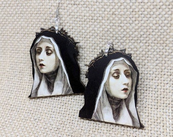Blessed Virgin Earrings / Vintage Image / Creepy Earrings / Crown of Thorns Earrings / Religious Sinner Earrings / Macabre Jewelry