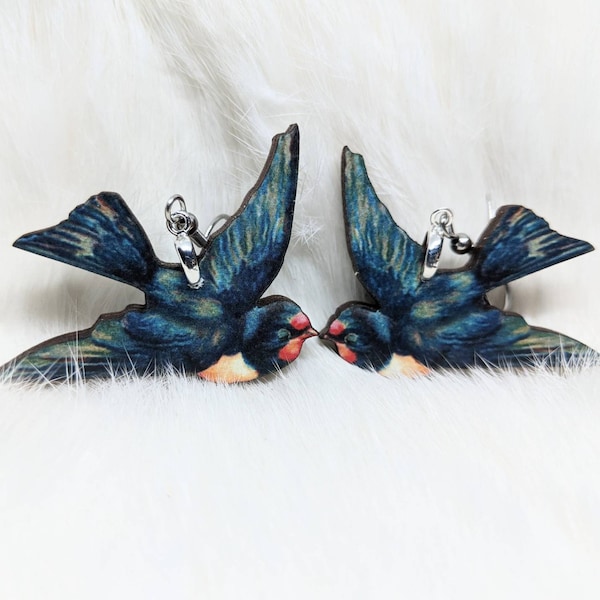 Bird Earrings / Flying Bird Earrings / Laser Cut Wood Earrings / Animal Earrings / Blue Bird Earrings / Bird Jewelry / Put a Bird on It