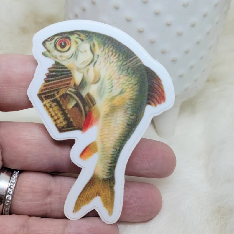 Accordion Fish Sticker / Nautical Sticker / Vinyl Sticker / Vintage Image / Vintage Image Sticker / Laptop Sticker / Musical Fish image 1