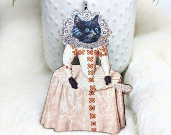 Victorian Cat Ornament / Animal Ornament / Christmas Gift Tag / Single Sided Design 2D Flat / Weird Ornament / Kitty Ornament