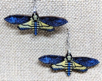 Deaths Head Moth Earrings / Laser Cut Wood Earrings / Blue Moth Earrings / Stainless Steel / Hypoallergenic / Insect Earrings / Bug Earrings