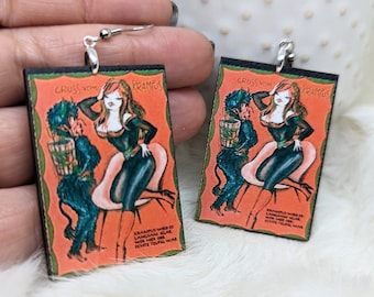 Vintage Valentine Earrings / Galentine's Day Gift / Sexy Valentine / Creepy Valentine Jewelry / Lady Krampus Valentine Gift / Weird Earrings