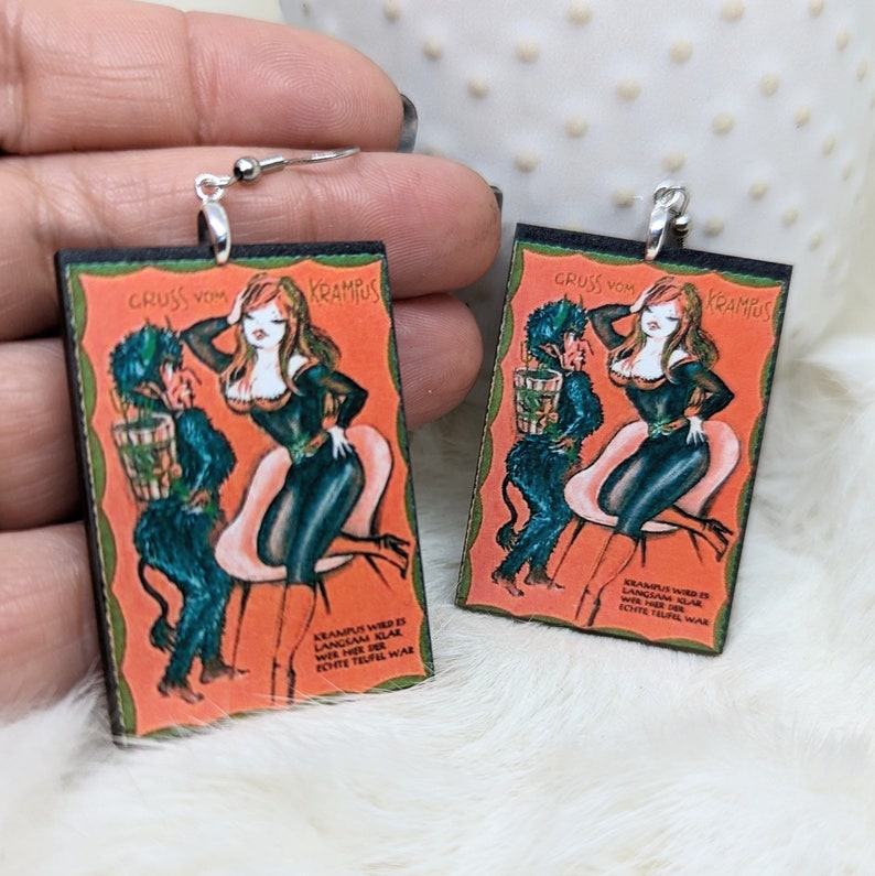 Vintage Valentine Earrings / Galentine's Day Gift / Sexy Valentine / Creepy Valentine Jewelry / Lady Krampus Valentine Gift / Weird Earrings image 1